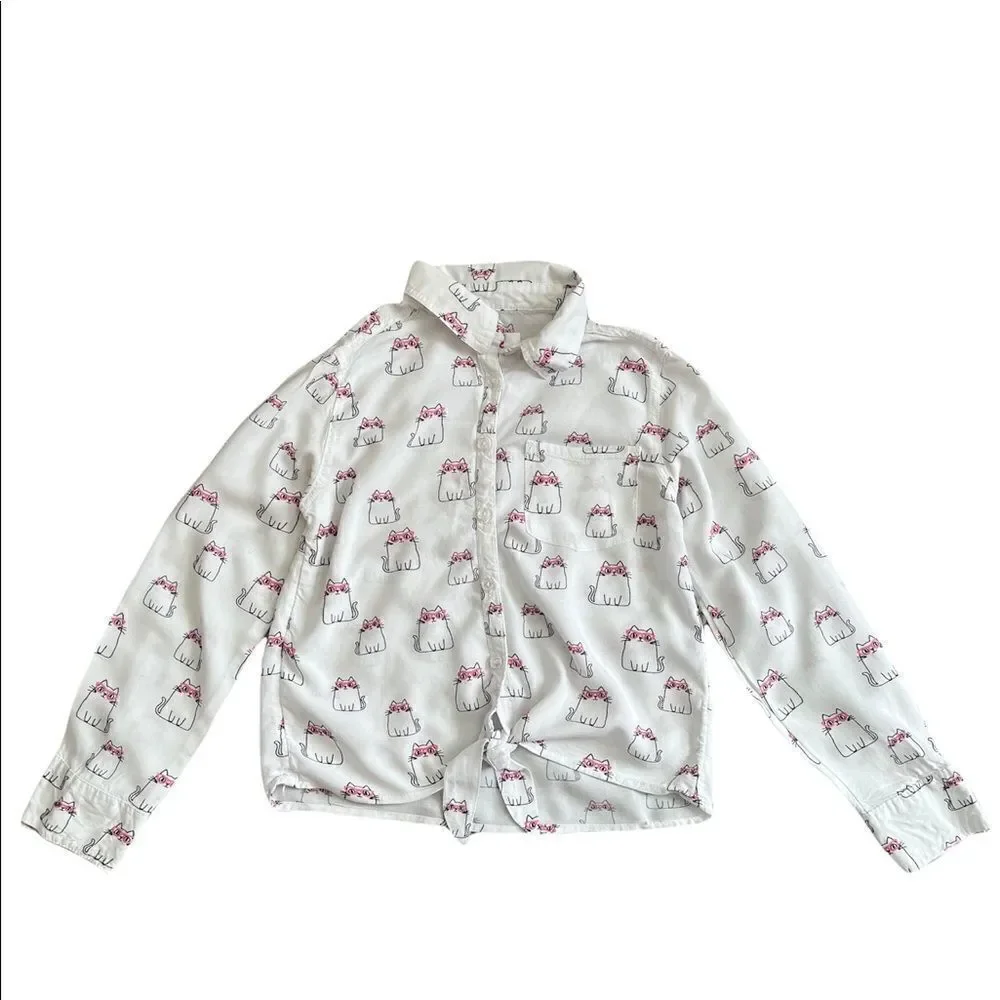 Justice Girl’s White Kitty Cat Long Sleeve Shirt Kid’s Youth Size 10